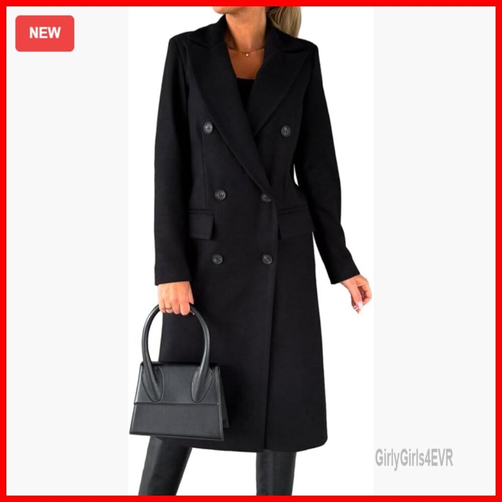 Long Wool Blend Pea Coat Double Breasted Trench Winter Coat Women's
